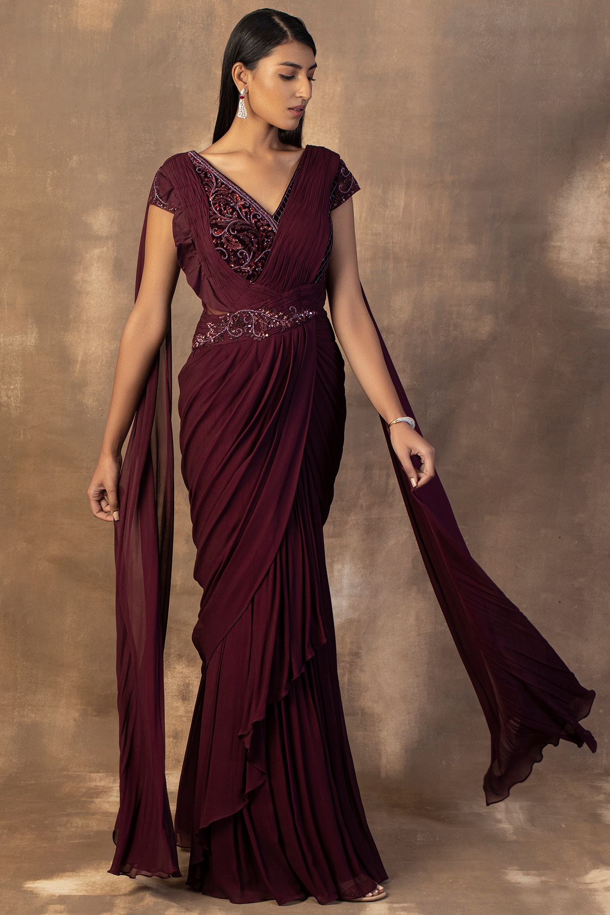 Wine Georgette Embroidered Gown Saree Design by ADI BY ADITYA KHANDELWL at  Pernia's Pop Up Shop 2024